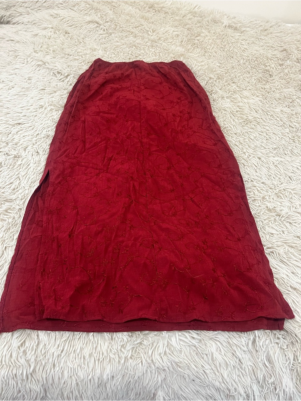 Classic Red Pencil Skirt with Embroidered Detail